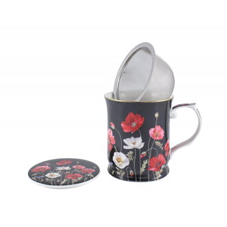 Makové kvety čierne šálka na čaj so sitkom 400ml