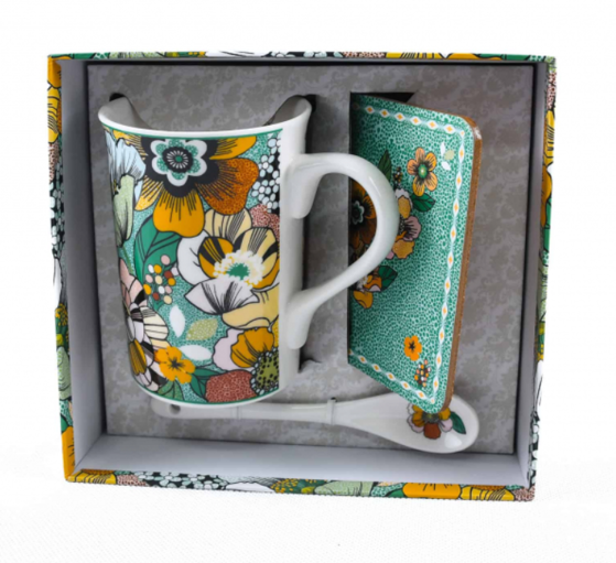 Hrnček na čaj kvety s lyžičkou a podložkou 