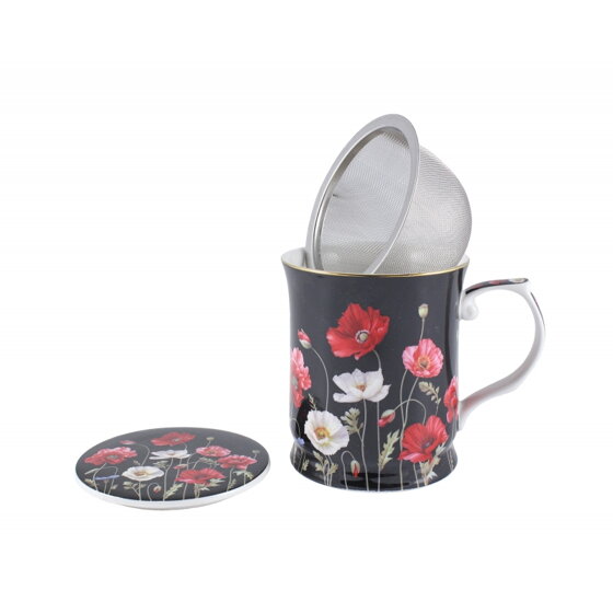 Makové kvety čierne šálka na čaj so sitkom 400ml